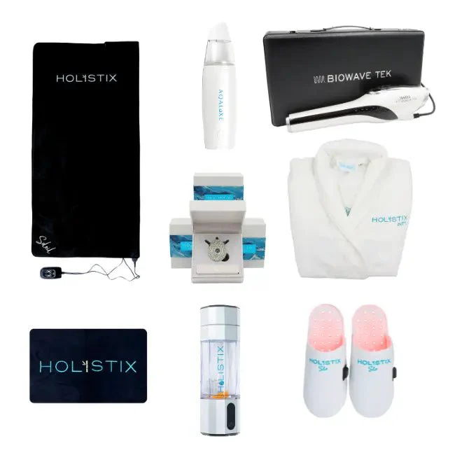 Holistix product lineup including mat, handheld device, hydrogen water bottle, robe, slippers, and portable tools